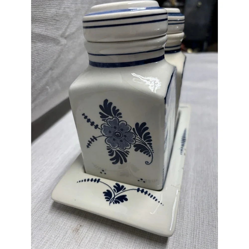 Delft Blue Canister Pair Handmade  Holland Vintage Kitchen Spice Jars Windmill